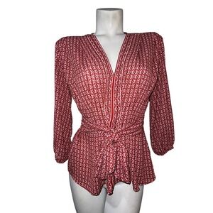 Max Studio Top Womens Floral V-Neck Tie Waist Peplum Blouse Red Multi Size S